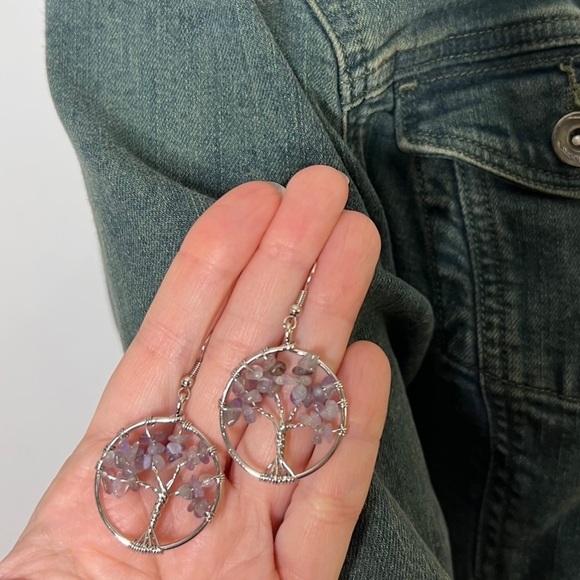 Tree Of Life earrings Amethyst earrings Purple Earrings Hoops Stone Dangle Boho - Picture 1 of 13